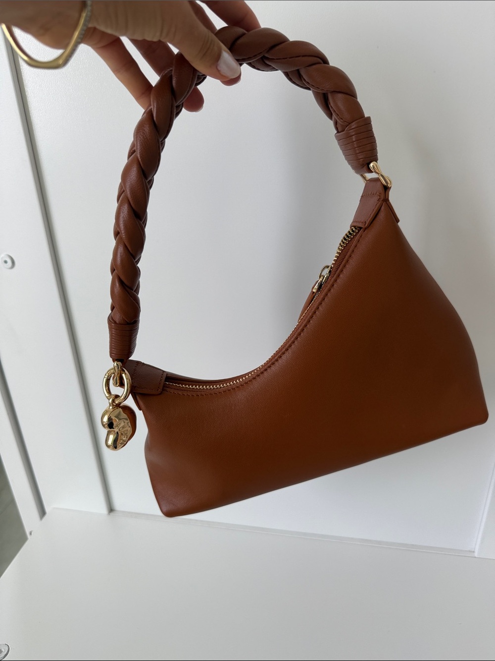 Braided-Handle Tan Shoulder Bag with Gold Charm